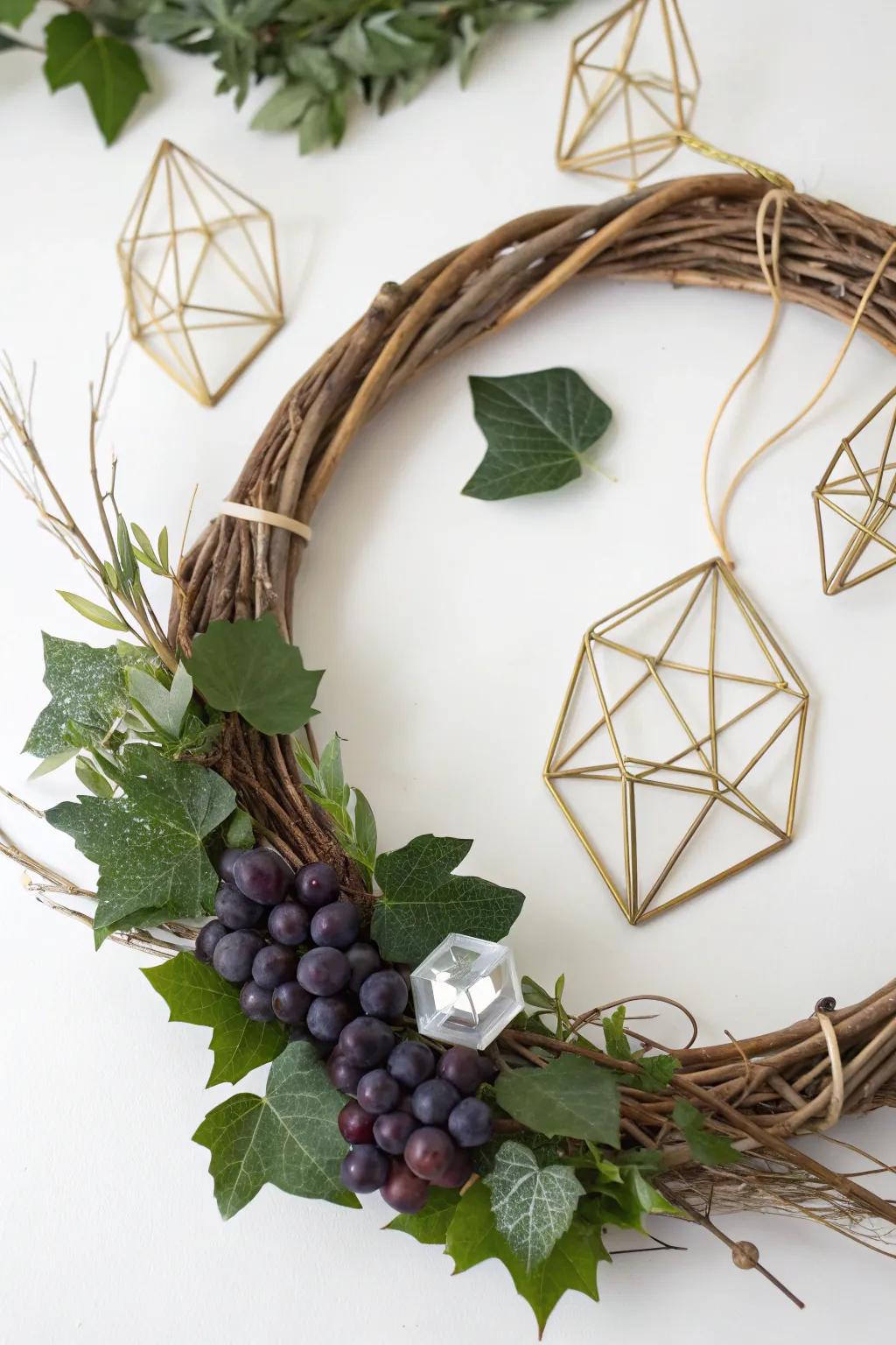 A modern minimalist natural fiber wreath featuring geometric accents.