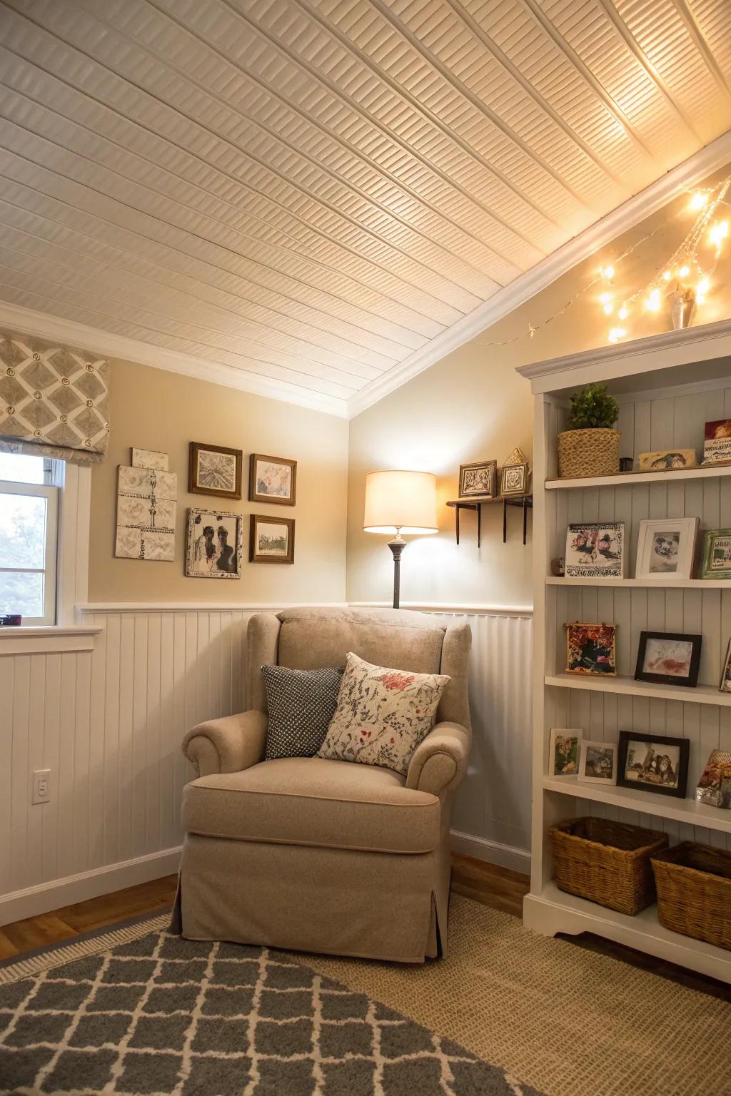 Panel-board ceilings evoke a snug, cabin-esque allure.
