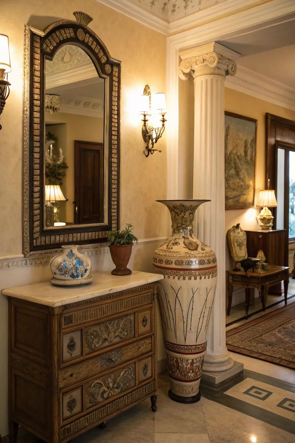 Vintage pieces add character and depth to Hellenic design.