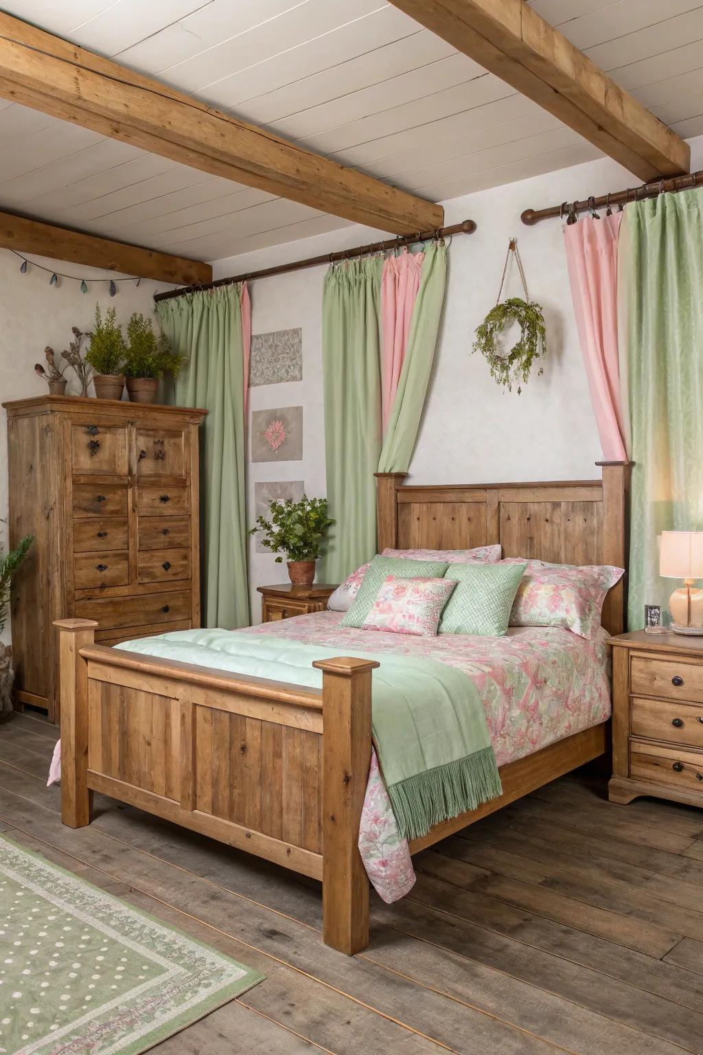 Homespun appeal encounters verdant and rosy in this cozy bedroom setting.