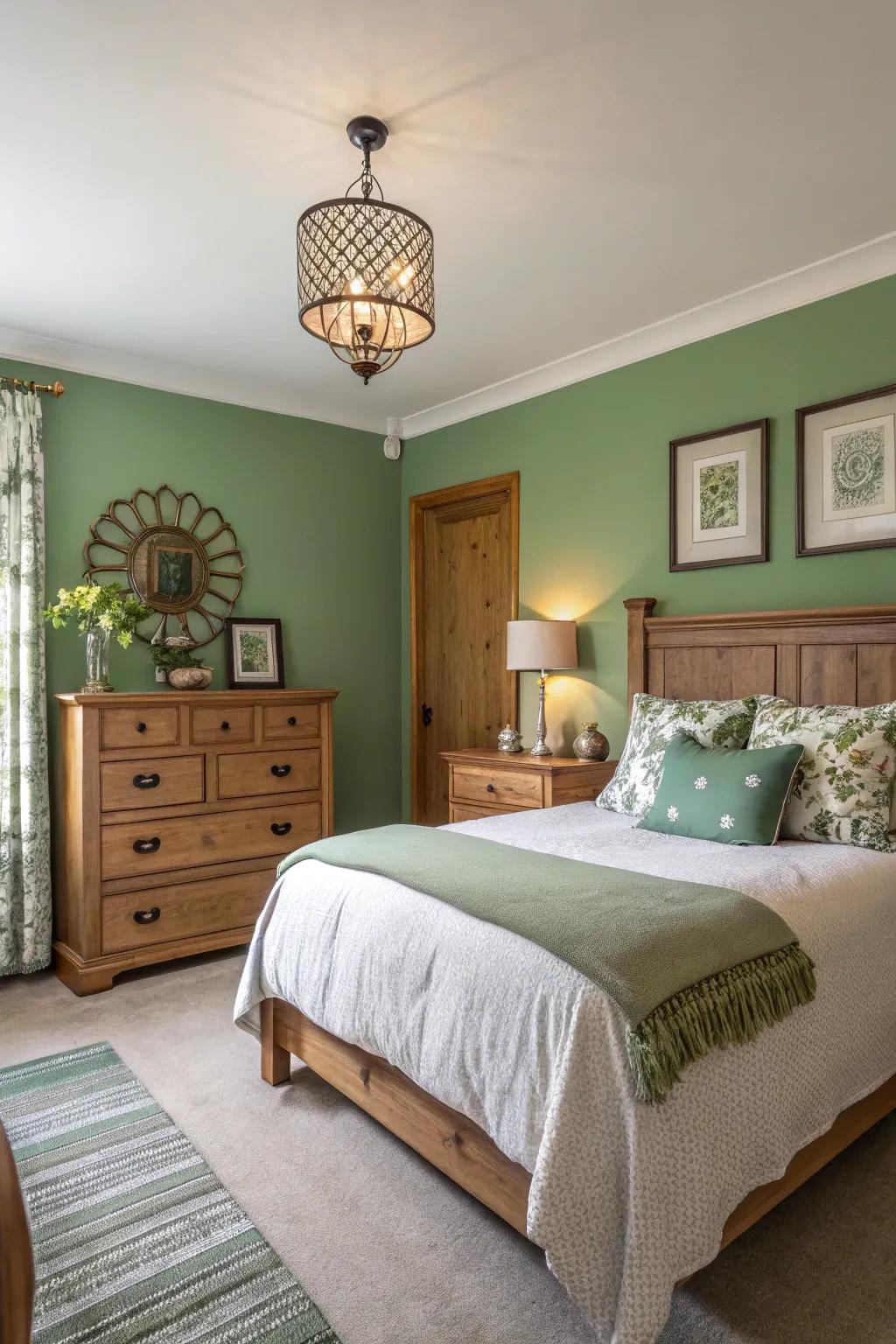 Green finish refreshes this bedroom, making for a vibrant and welcoming look.