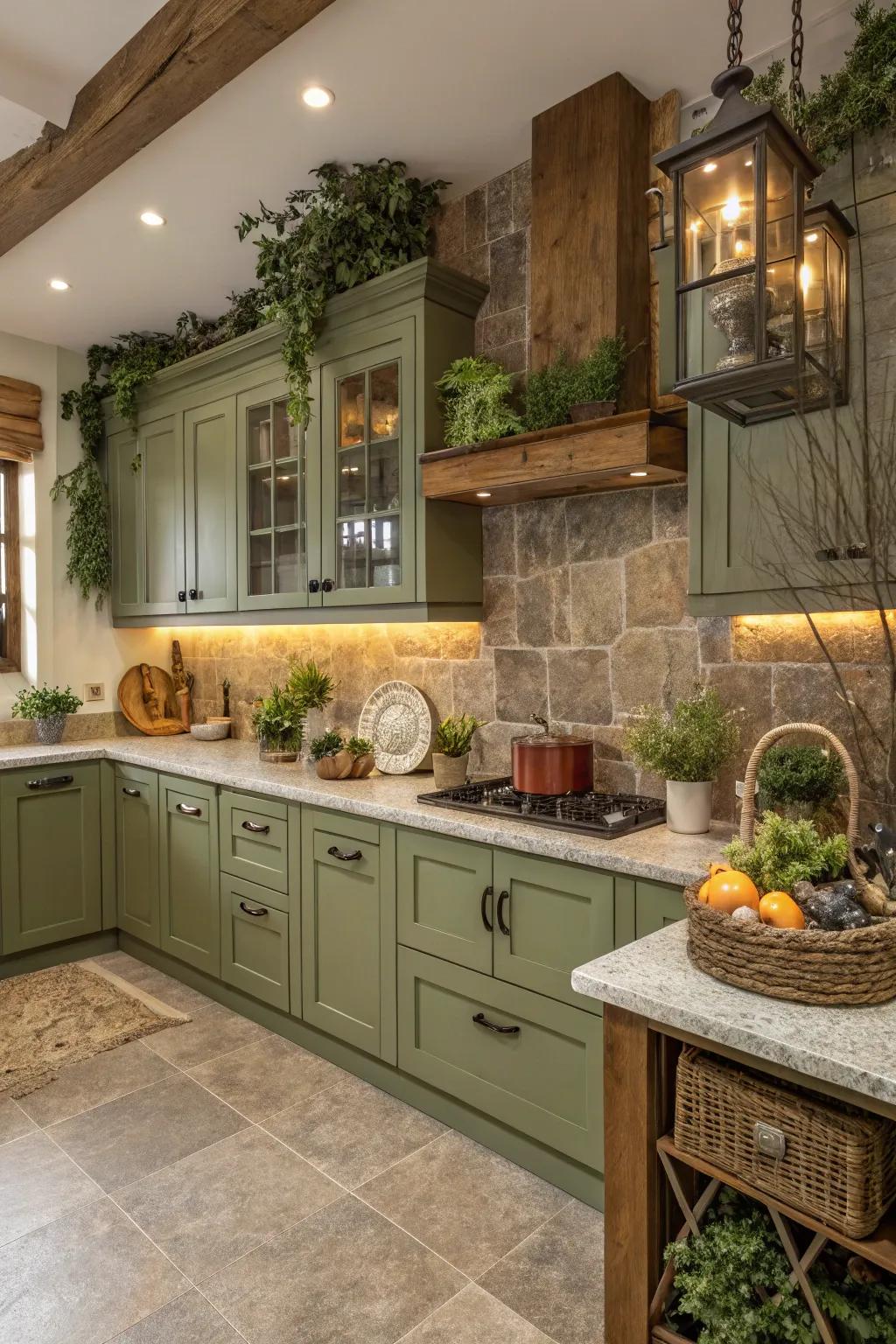 Grounding culinary space featuring forest floor cabinets and natural elements.