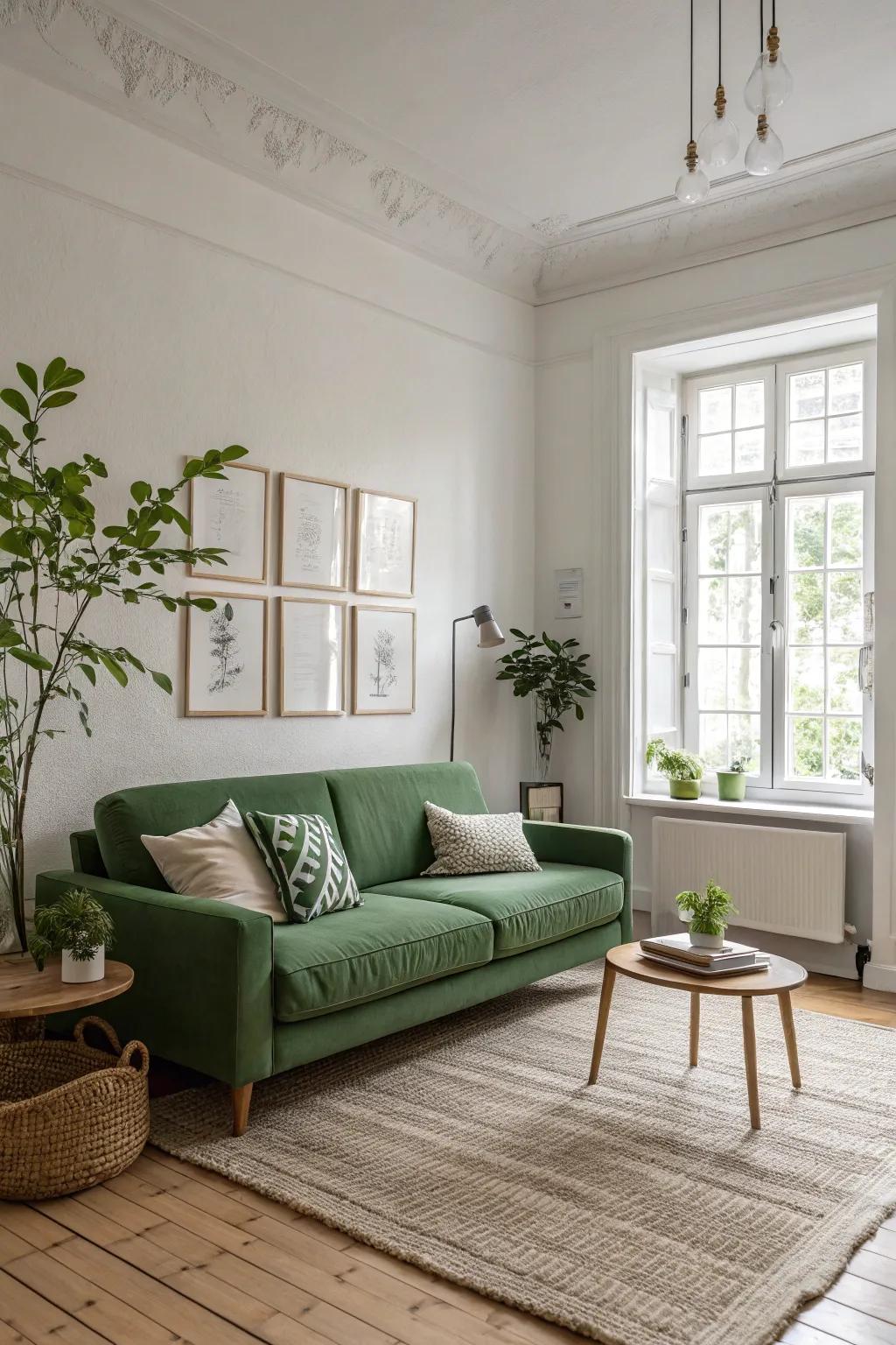 Scandinavian simplicity elevates the tranquility of a lounge with an emerald sofa.