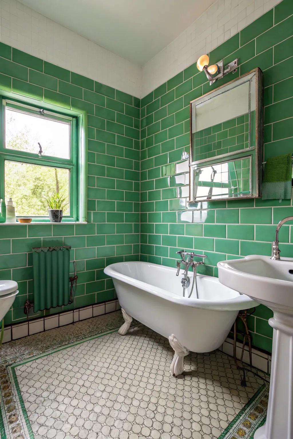 The nostalgic and whimsical atmosphere is enhanced by retro <strong><em>green</em></strong> tiles.” loading=”lazy” class=”pimg”>
	</picture><figcaption>The nostalgic and whimsical atmosphere is enhanced by retro <strong><em>green</em></strong> tiles.</figcaption></figure>
<p>With retro <strong><em>green</em></strong> tiles, you can capture the beauty of the past. This design is ideal for individuals who want a fun touch with a hint of nostalgia.</p>
<h3>A few choices to try:</h3>
<ul class=