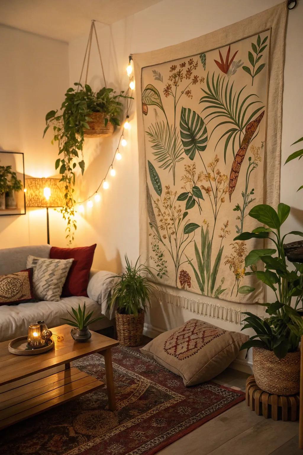 A botanical wall hanging adds warmth and texture to the area.