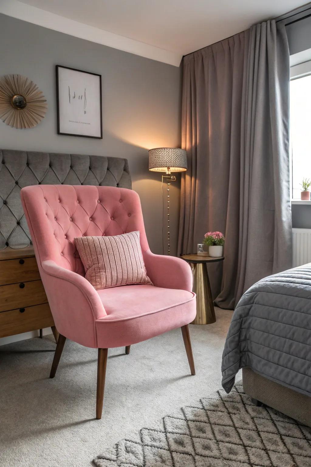 A pink accent chair makes a bold statement and serves as a focal point.