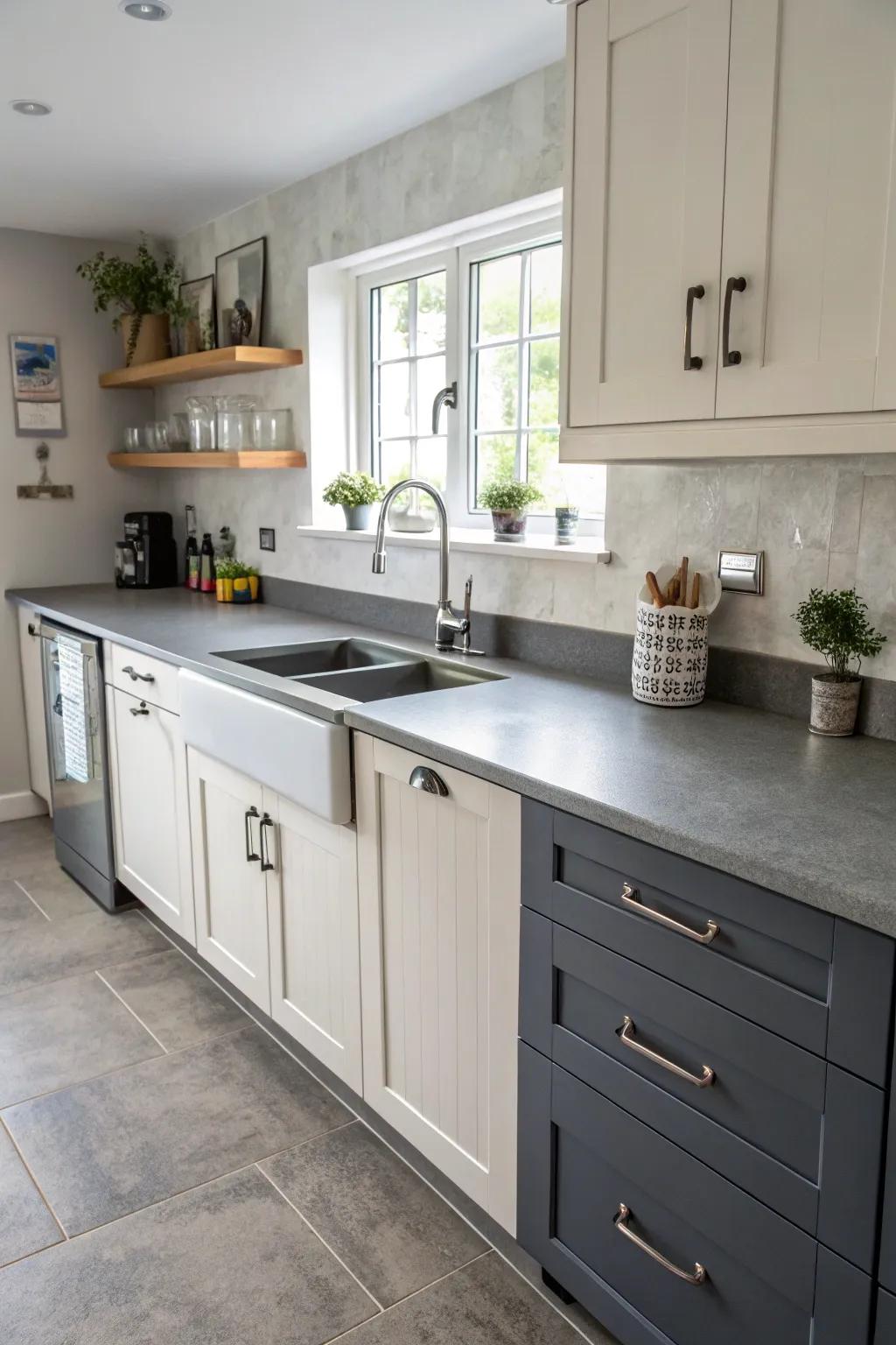 Lively cooking area layout featuring grey surfaces and two-tone cabinets.