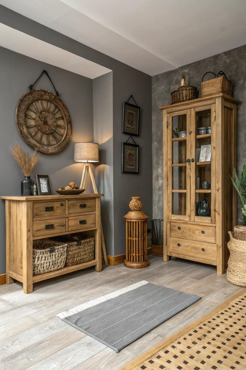 Timber elements add warmth to this elegant grey room.