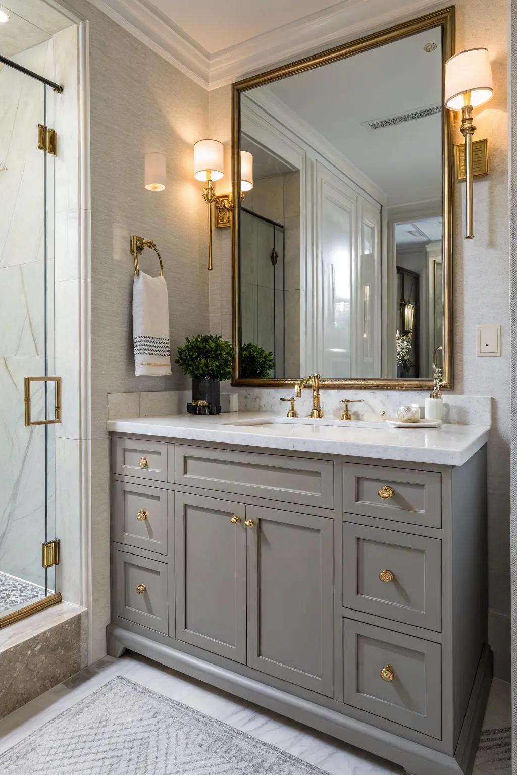 Copper installations append a warm, graceful dash to the charcoal washstand.