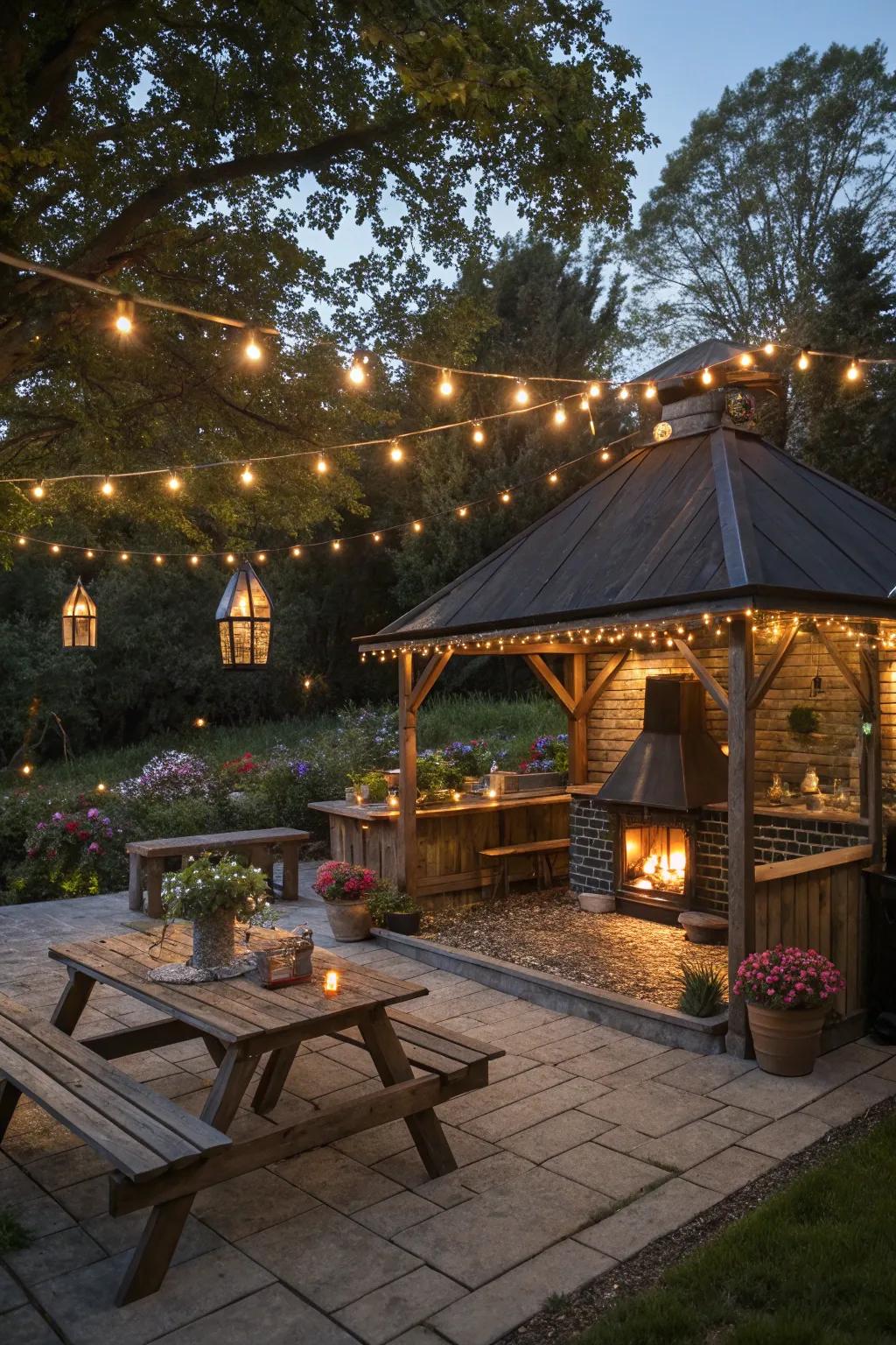 A barbecue shelter aglow with charming string lights and lanterns.