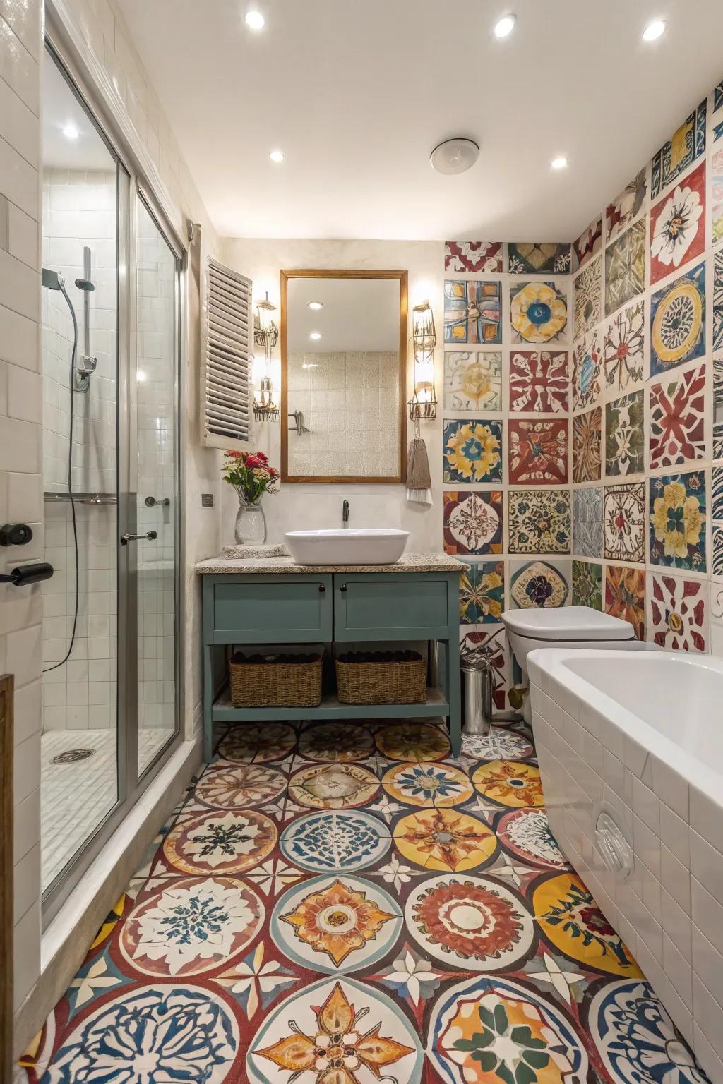 Bold patterns bring an artistic flair to this modern guest bathroom.