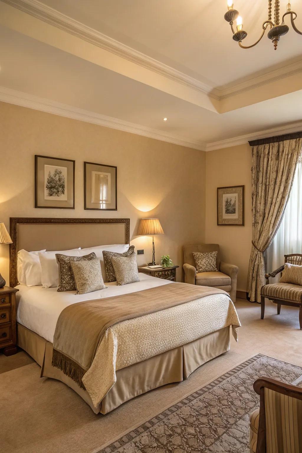 A versatile guest room featuring warm beige for a balanced look.