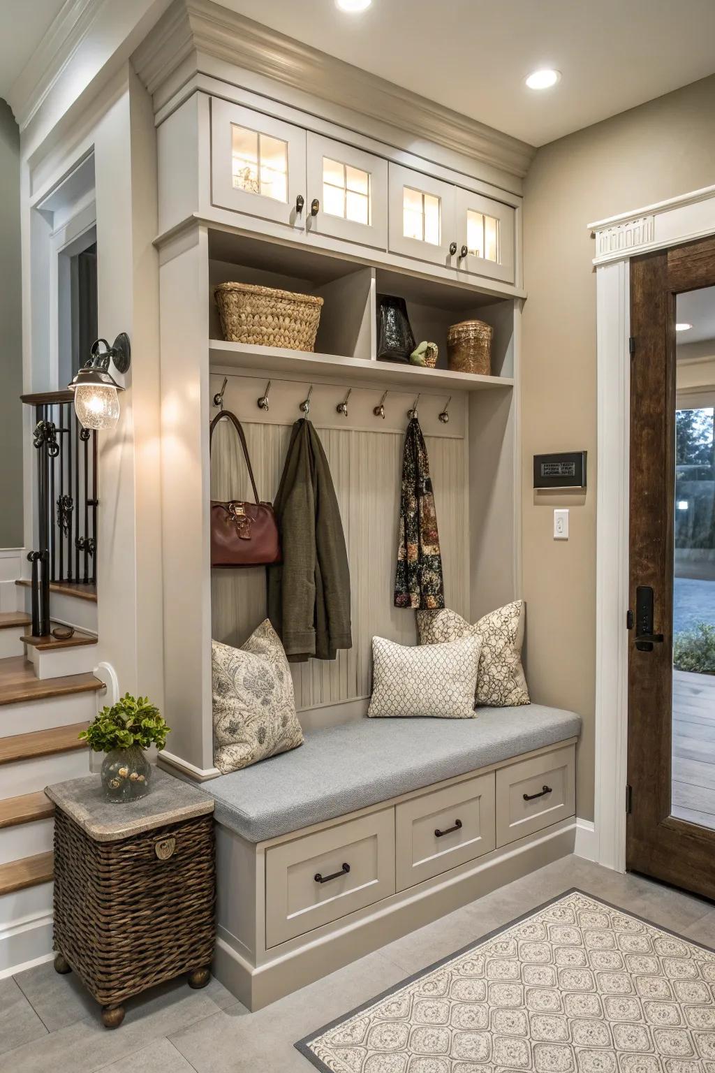 Couple seating and storage by using a bench hall tree.