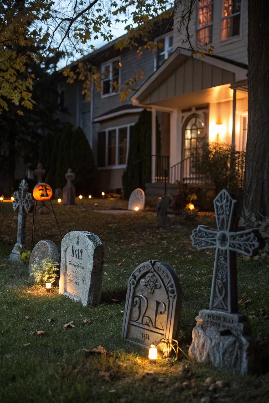 Tombstone props and illumination conjure a theatrical graveyard aesthetic