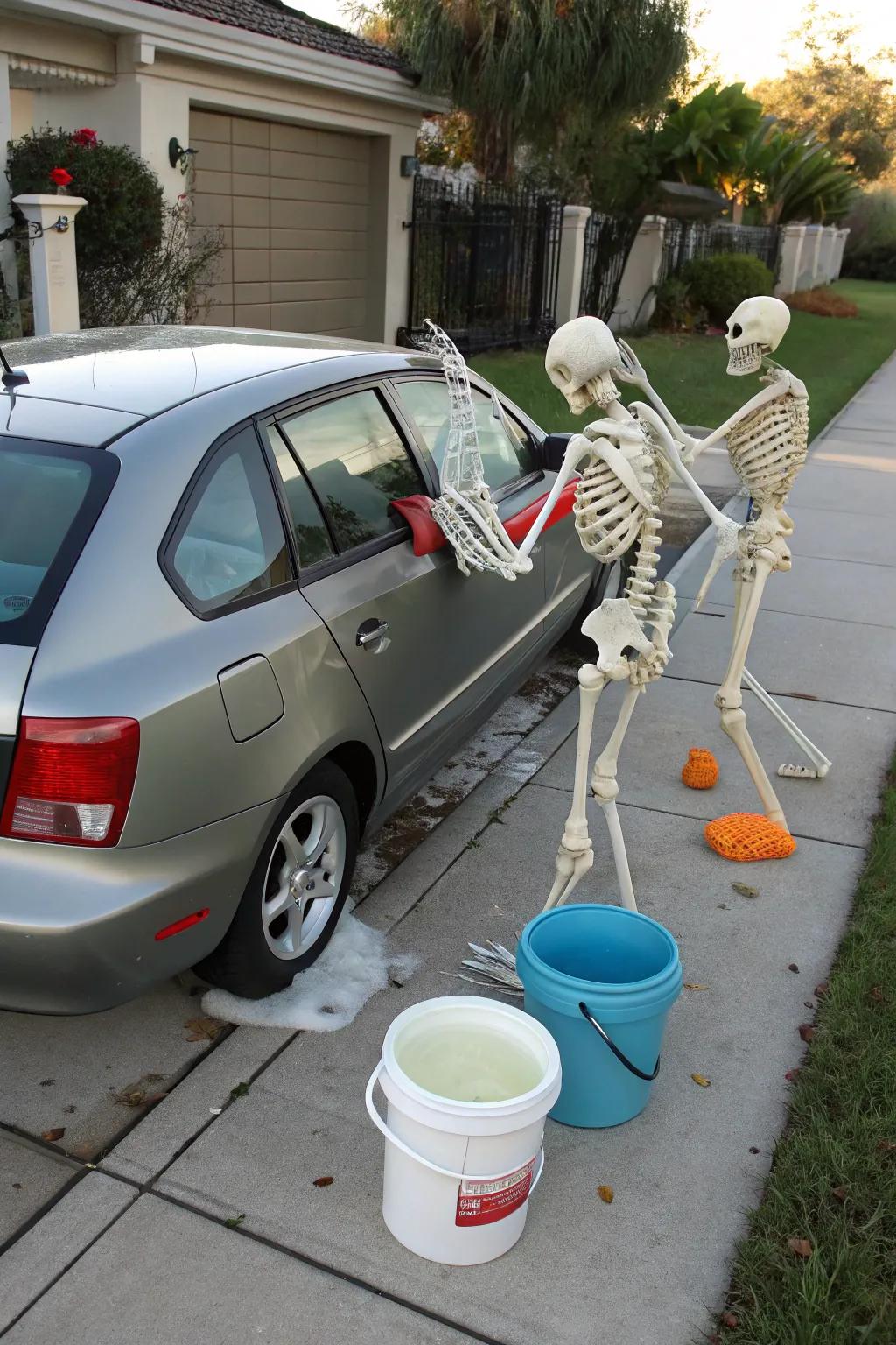 Vehicle cleaning skeletons bring laughter and surprise to your Halloween arrangement.
