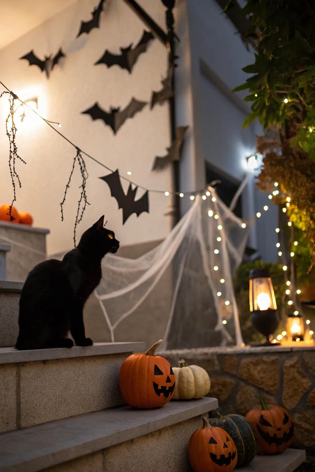 Embrace classic Halloween symbols with an onyx felines and bats theme.