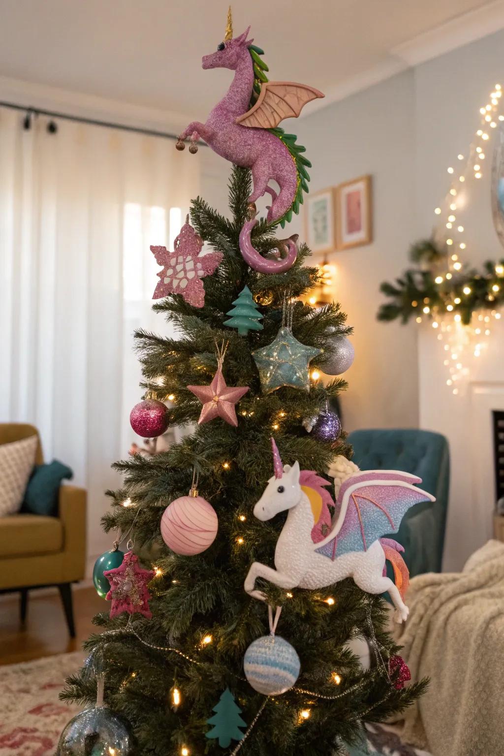 A fairy tale-inspired Halloween tree featuring mythical beings.