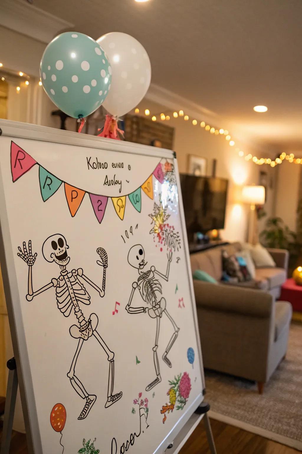 A skeleton dance party featured on a Halloween whiteboard.