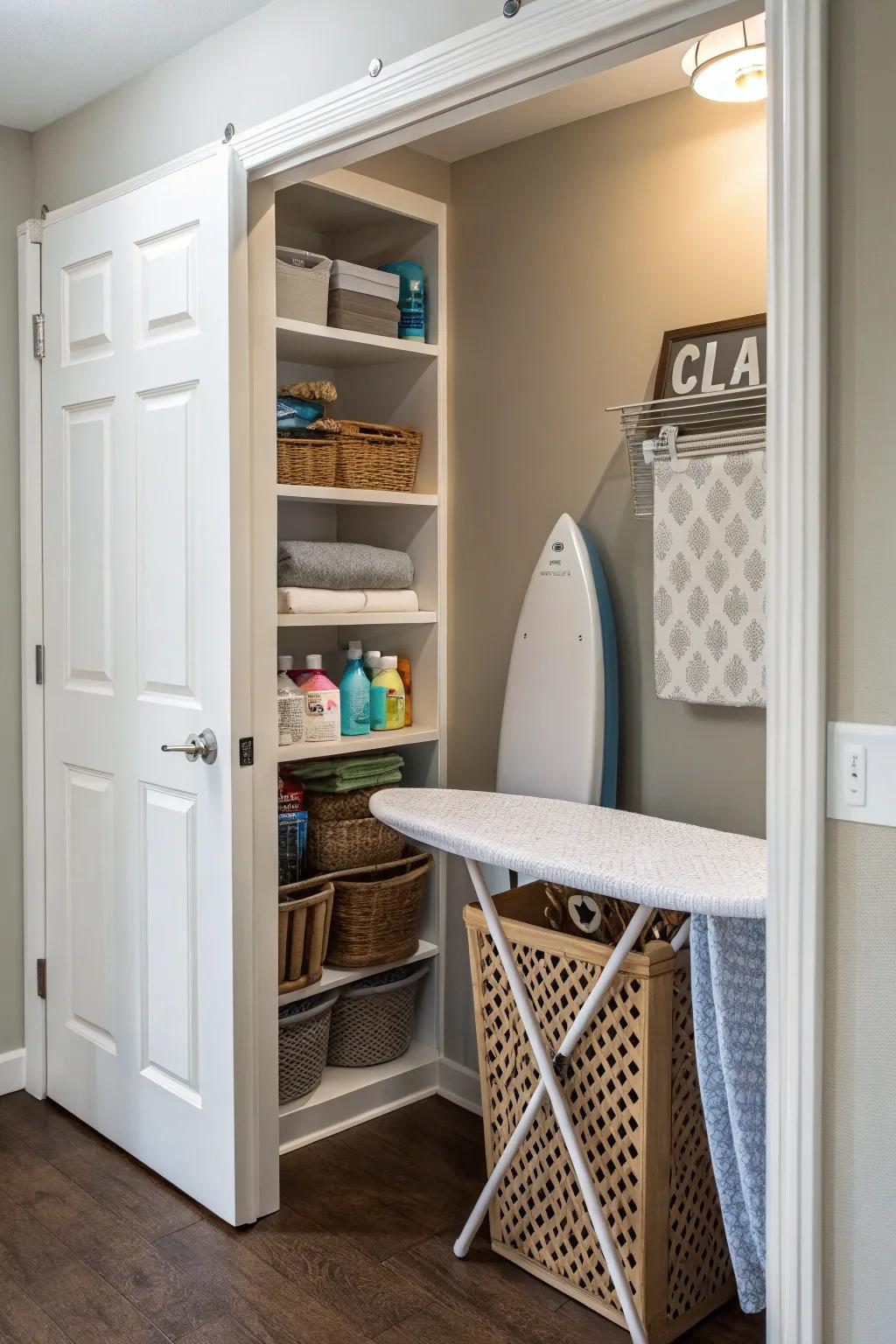 A hidden ironing board integrates without a bump in the space.