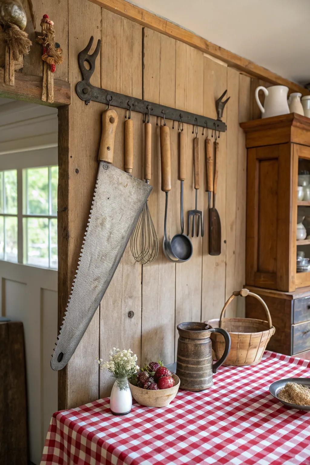 A handsaw that has been re-purposed to act as a rack in which to keep cooking tools.