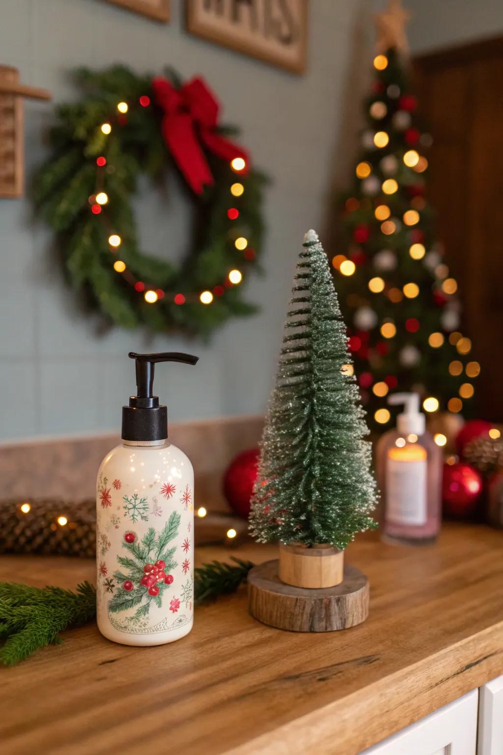 A celebratory nuance displaying a miniature bottle brush evergreen