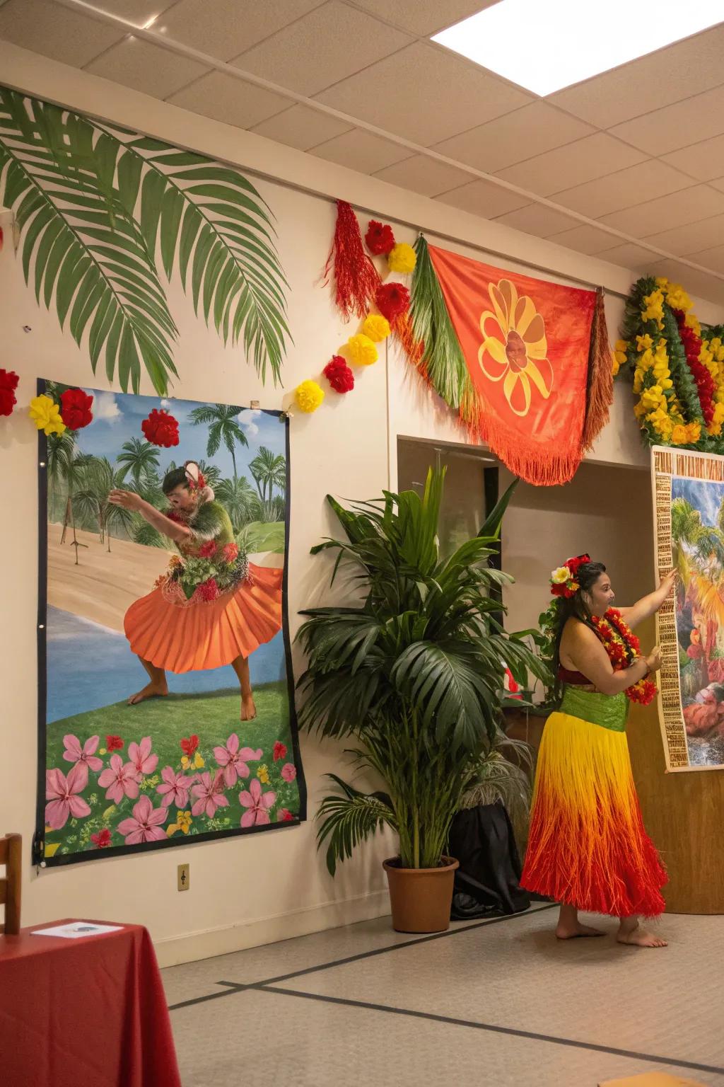 Wall decor of Hawaiian cultural commemorations introducing vibrancy to a festive room.