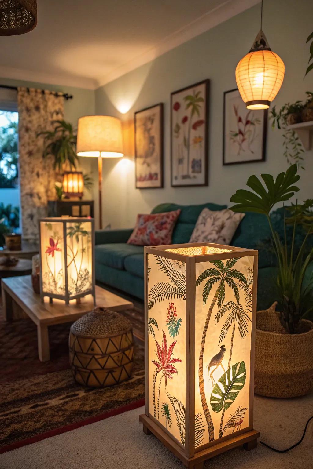 Light fixture illumination sets a warm, tropical mood.