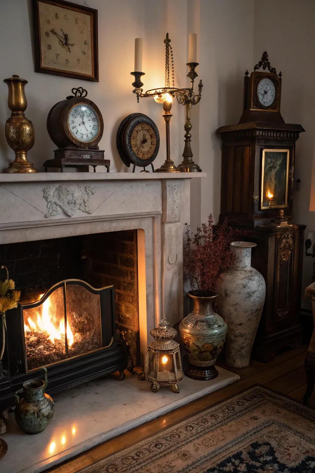 Vintage finds bring character and charm to your fireplace.