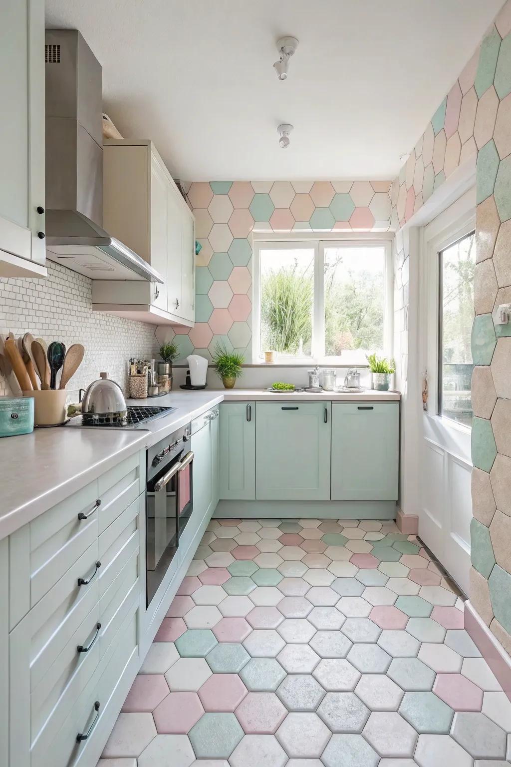 Pastel hexagon patterns infuse your kitchen with calm elegance.