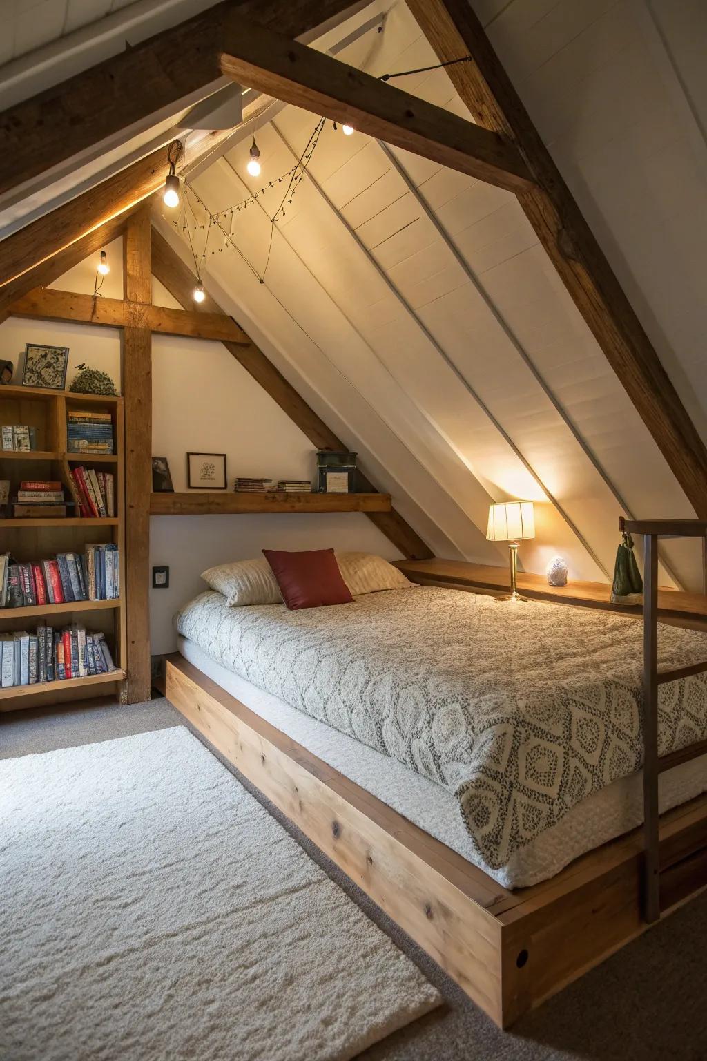 Inverted loft bed in an attic space
