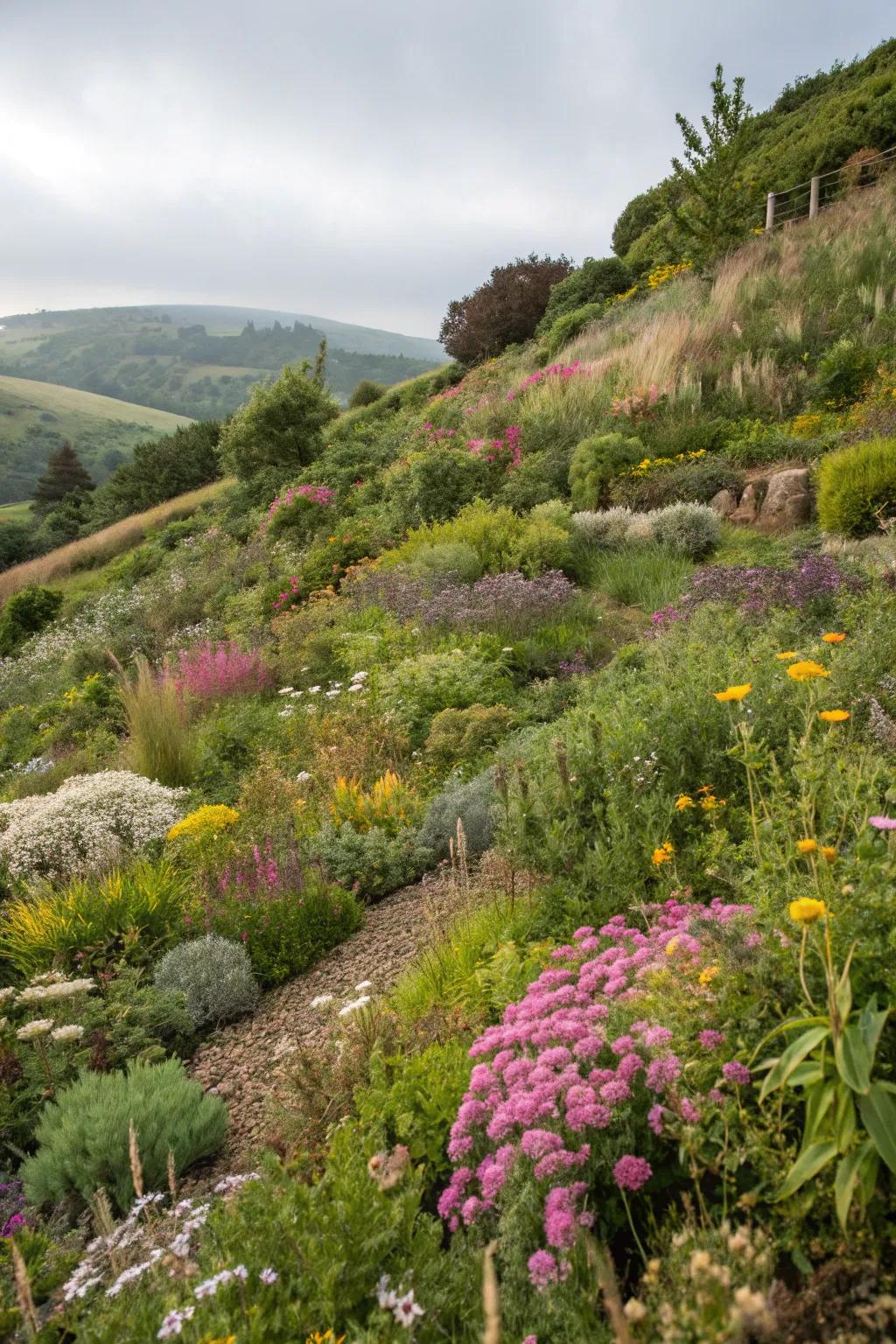 Local plants are an eco-friendly and low-maintenance choice for hillside gardens.