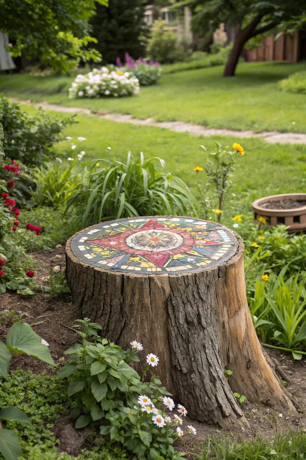 A striking tile look changes a tree base into a work of art.
