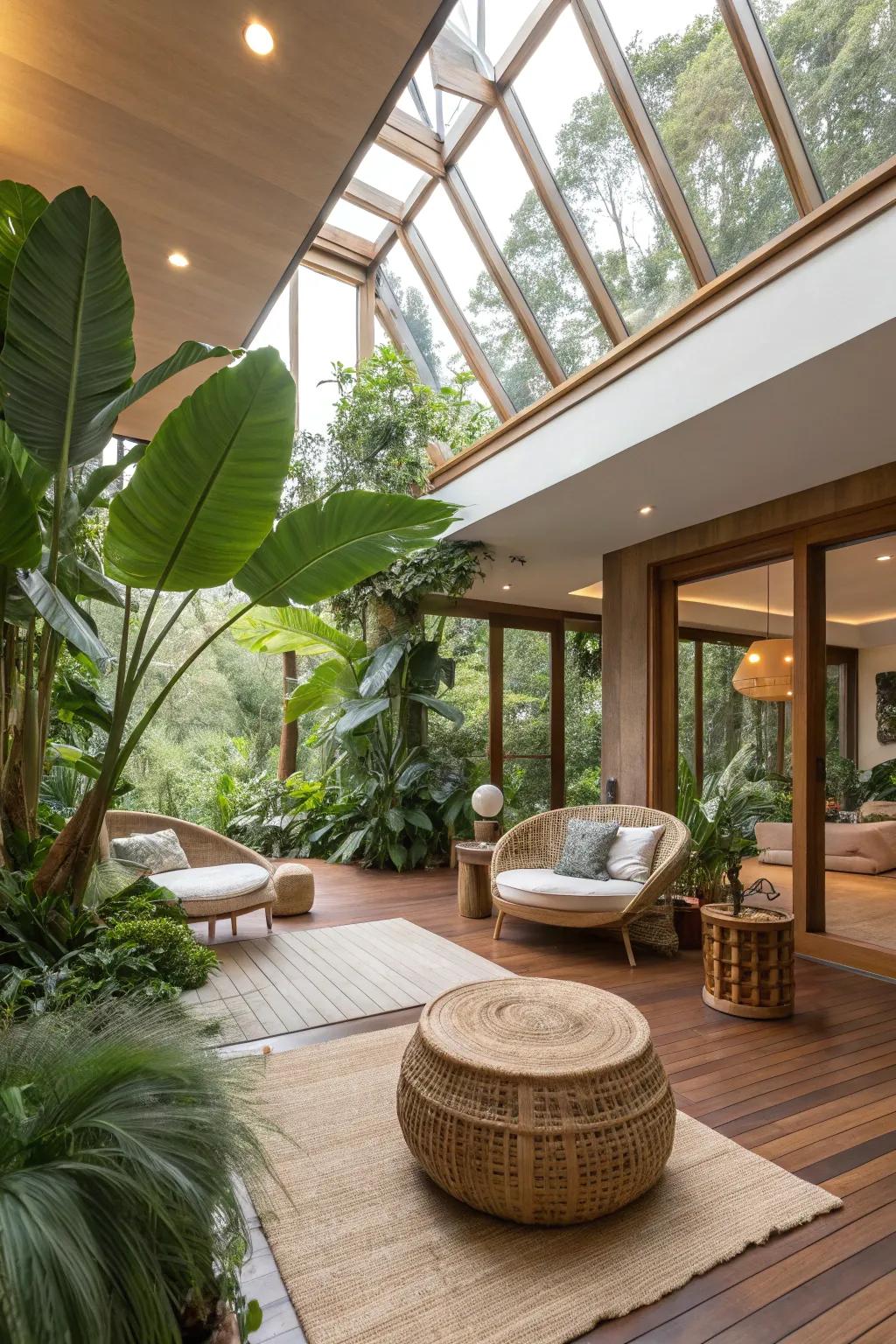 An eco-aware sun court layout featuring sustainable materials.