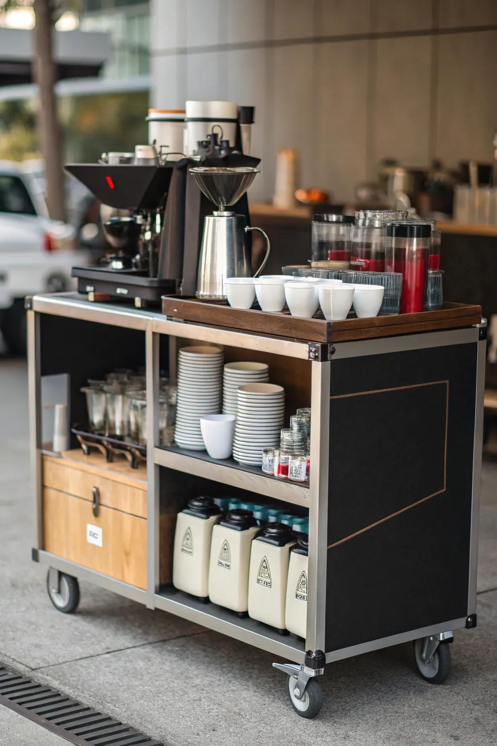 A mobile coffee trolley offers convenience and flexibility in limited spaces.