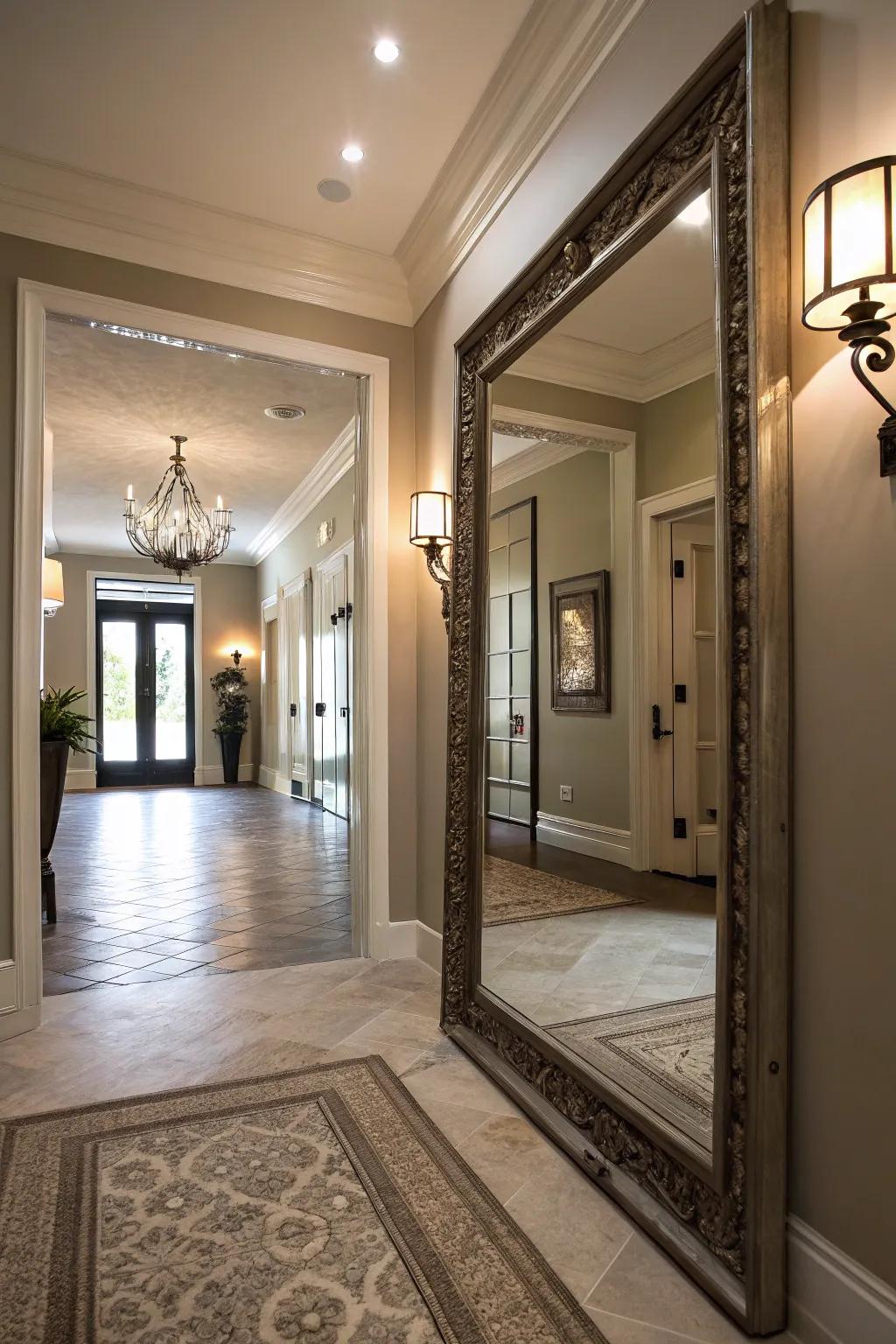 An entryway enhanced by a large, light-reflecting reflector.