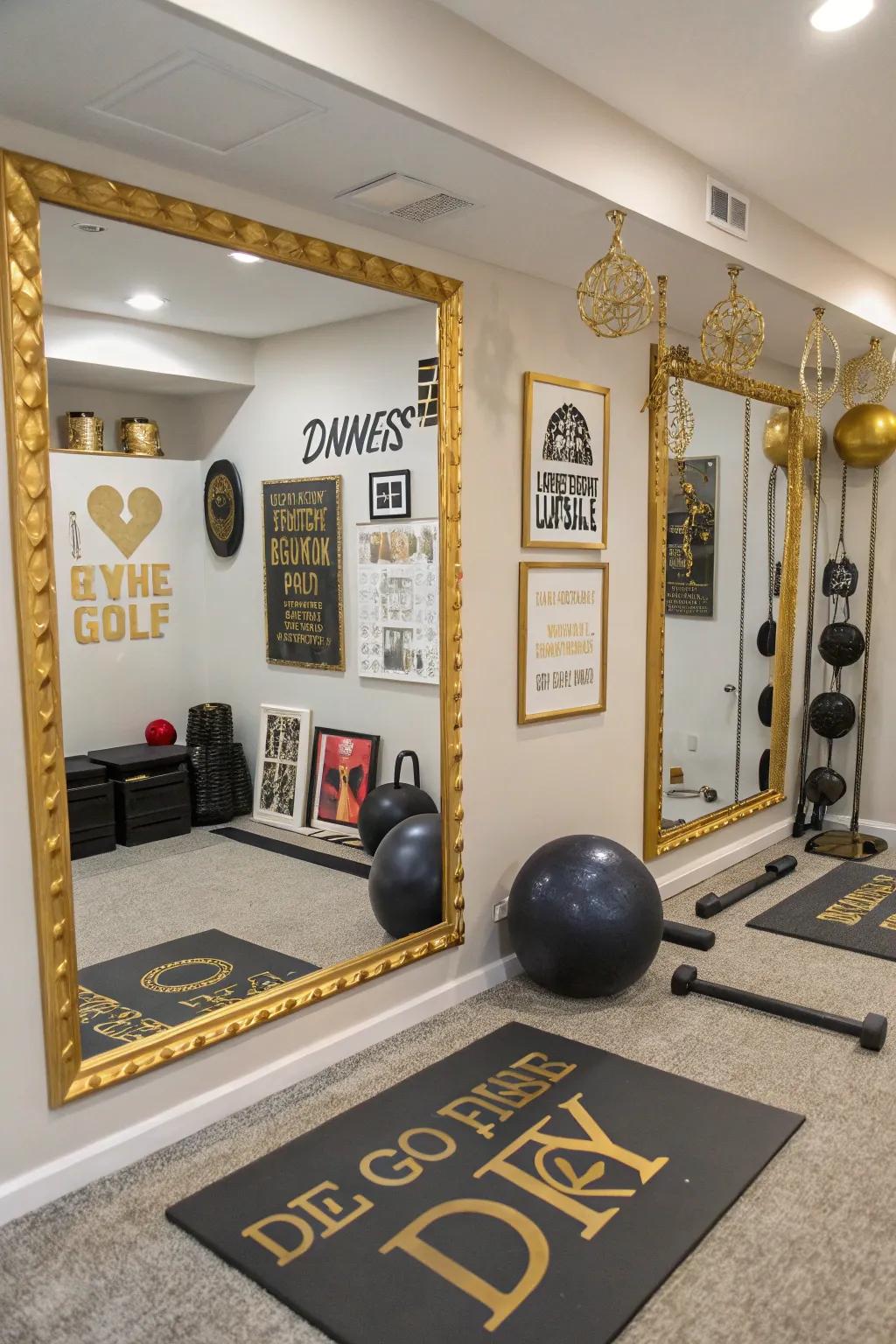 These gym mirrors have a personal touch because of the gold accents.
