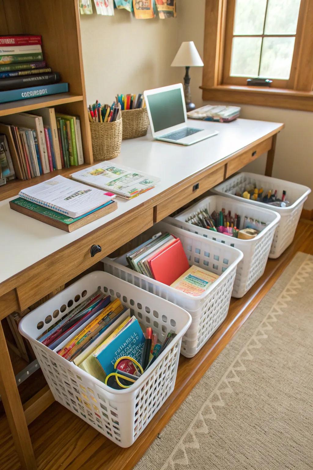 Under-table storage maximizes space while maintaining resources hidden yet accessible.