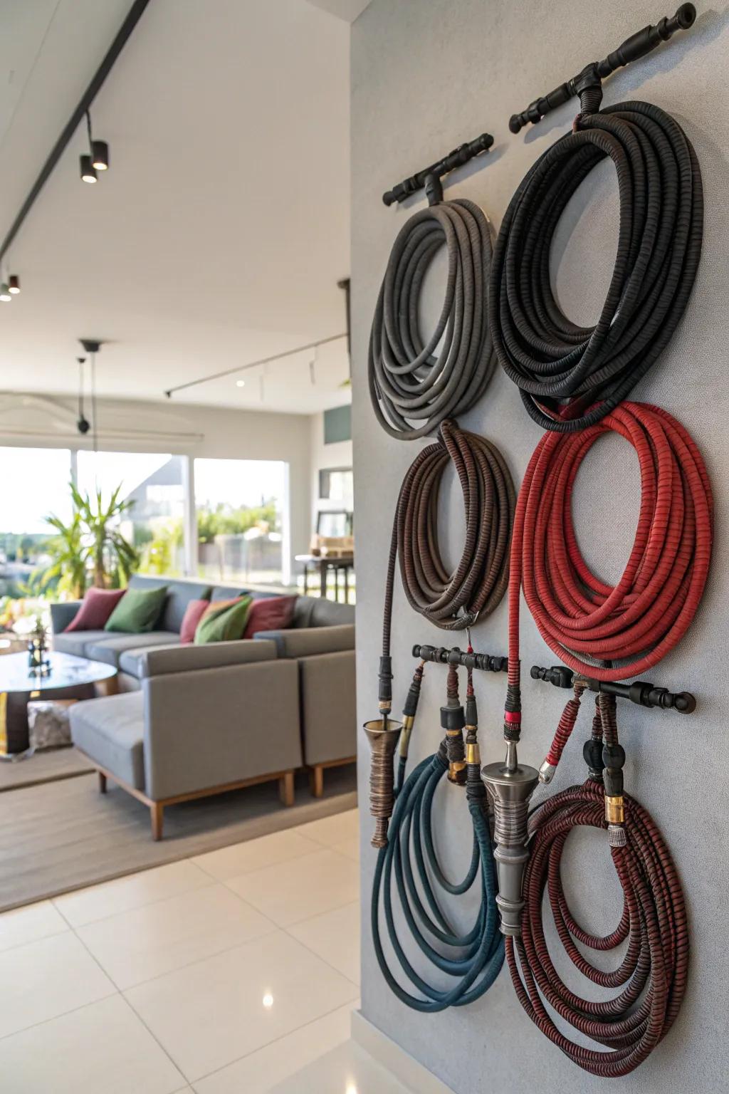 Wall hooks offer an organized way to manage hoses.