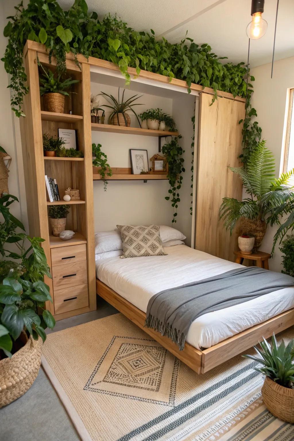 An indoor garden setup with a foldaway bed, bringing a refreshing touch of nature indoors.