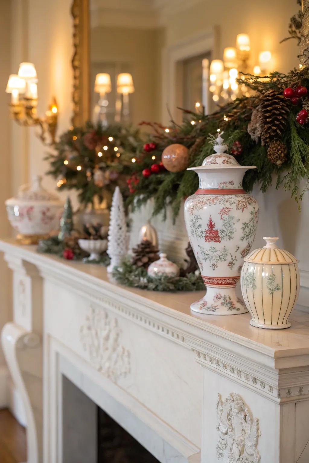 A mantel creatively decorated with dishware and seasonal elements.