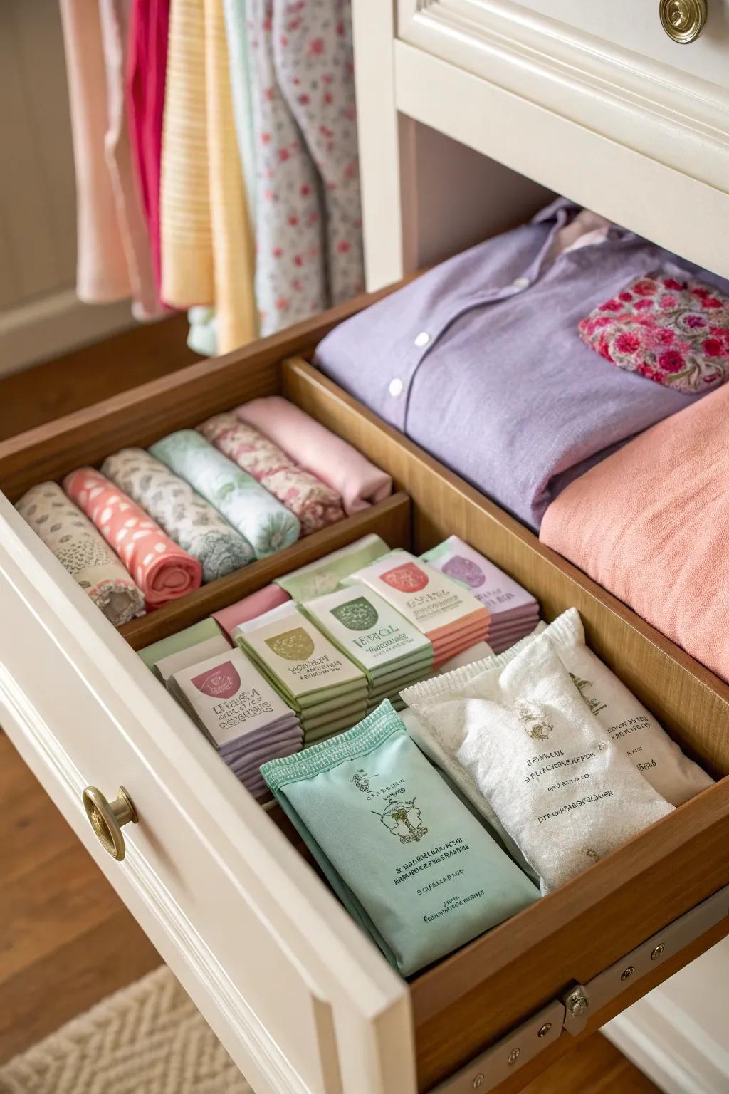 Introducing scented pouches infuses a delightful fragrance across arranged drawers.