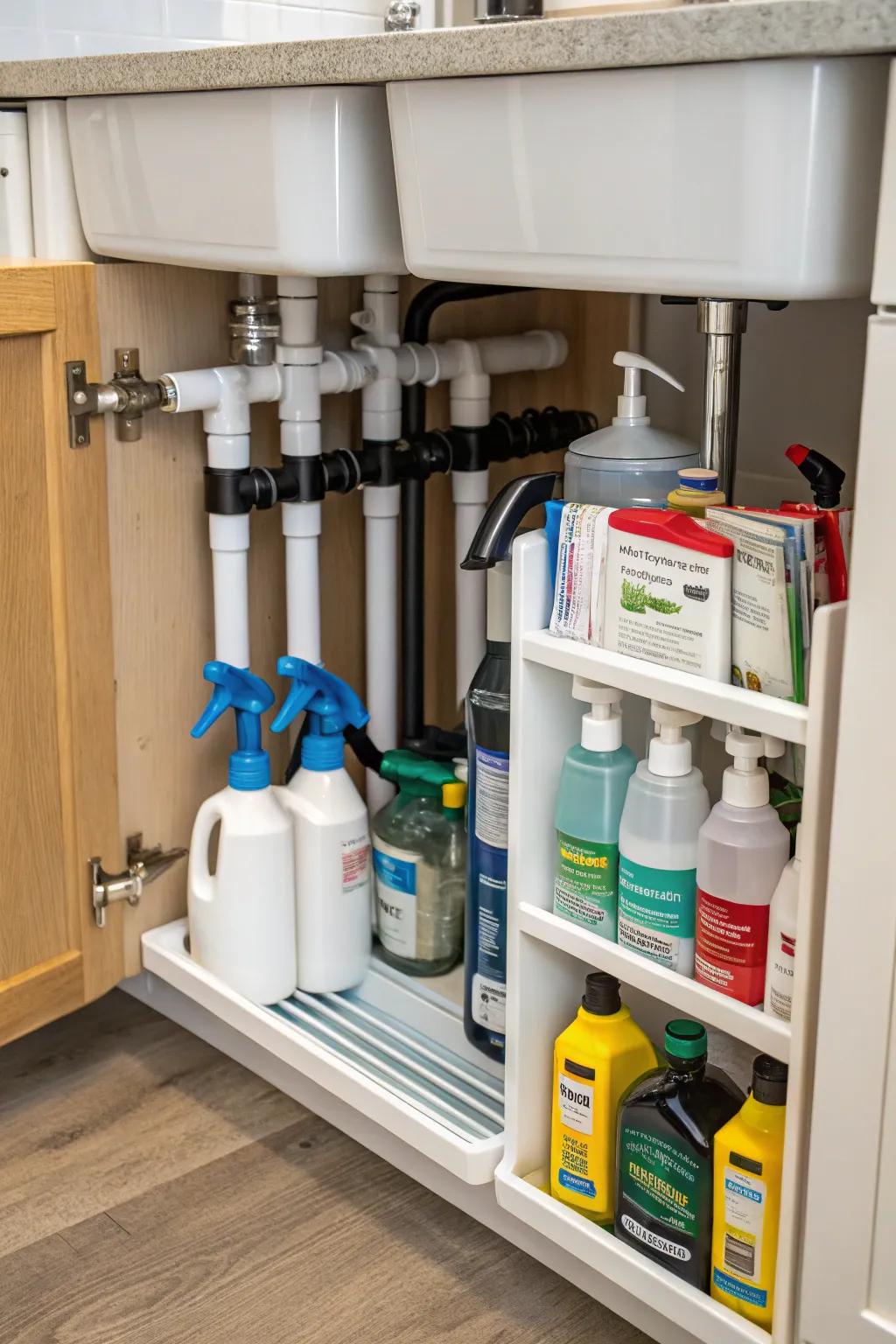Tension rods add inventive storage solutions.