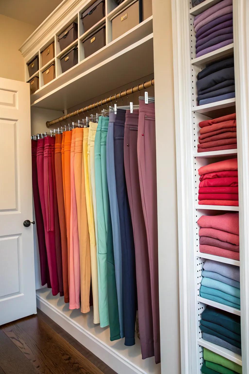 Introduce a burst of hue through a color-coded leggings storage framework.
