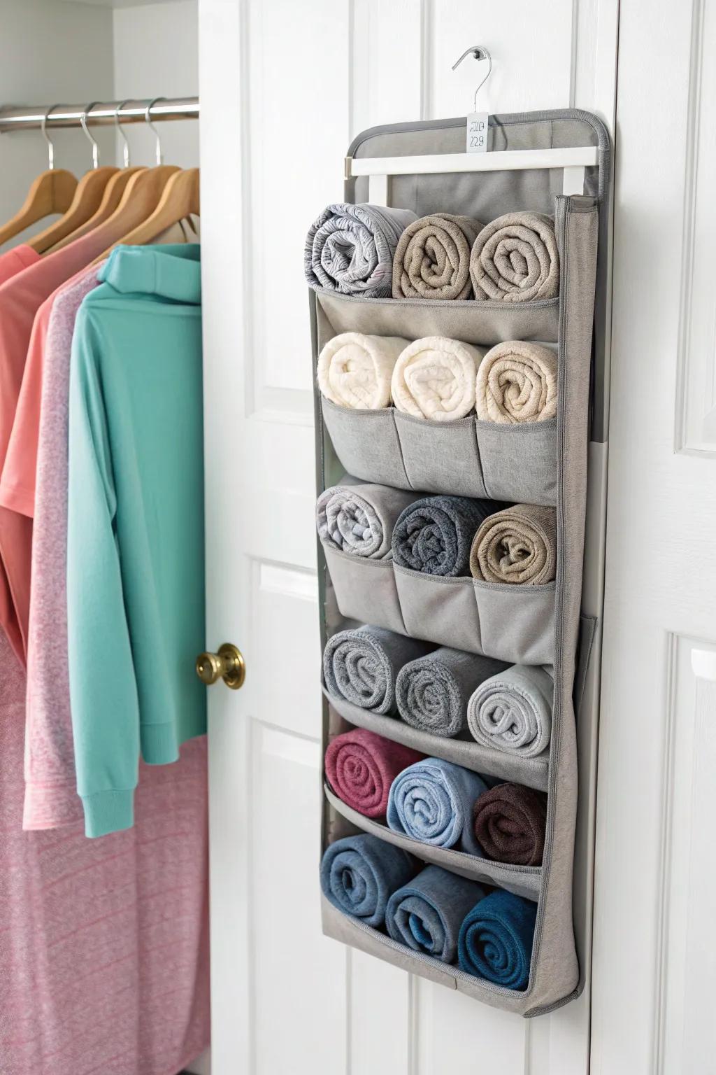 Over-the-door organizers are great for small sweatshirts.