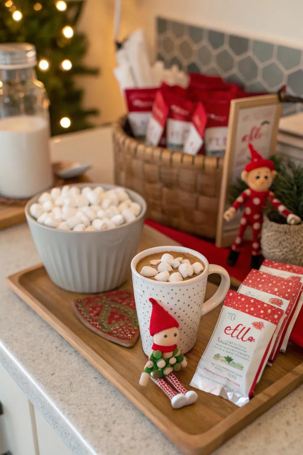 A festive hot cocoa bar welcomes the elf back in style.