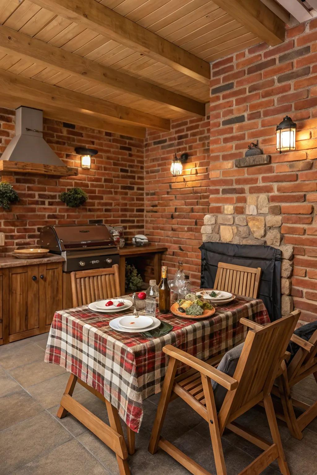 Brick and wood elements bring a comfortable, outdoor feel to indoor BBQs.