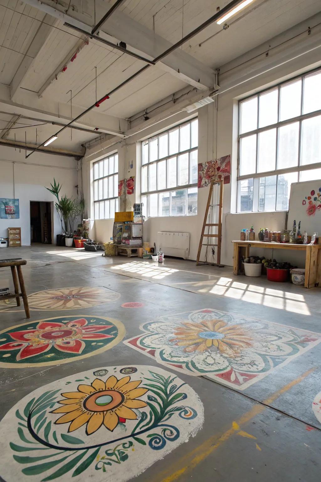 Creative hand-painted patterns across a concrete floor showcase the unique essence of this art studio.