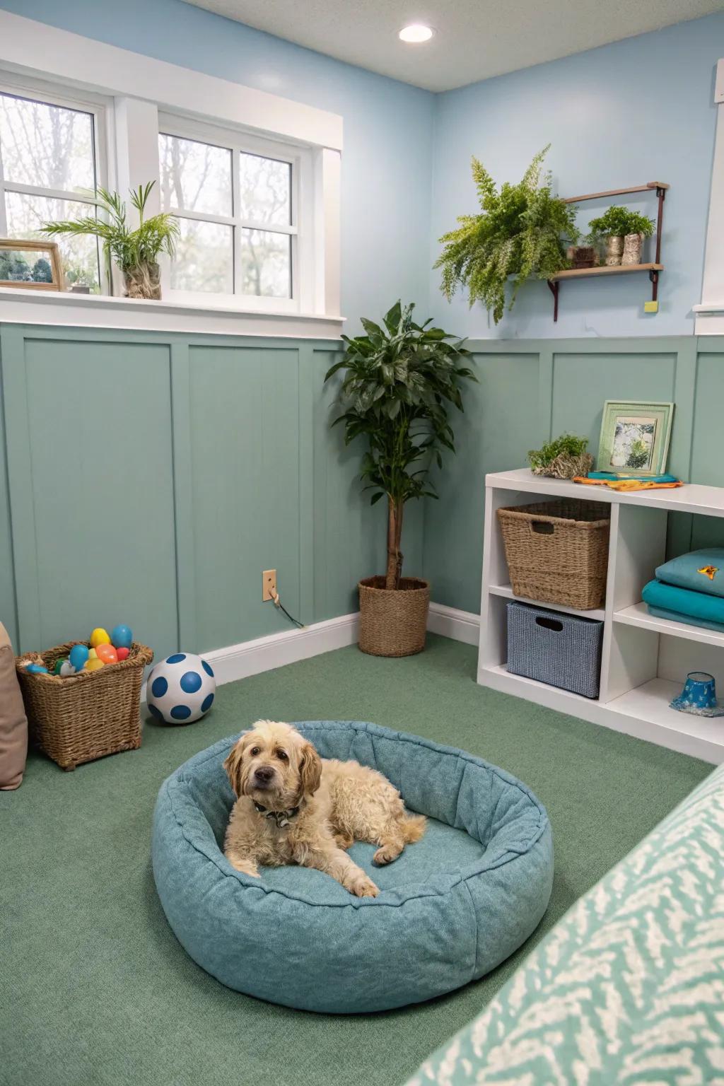 A calm dog room with peaceful colors.