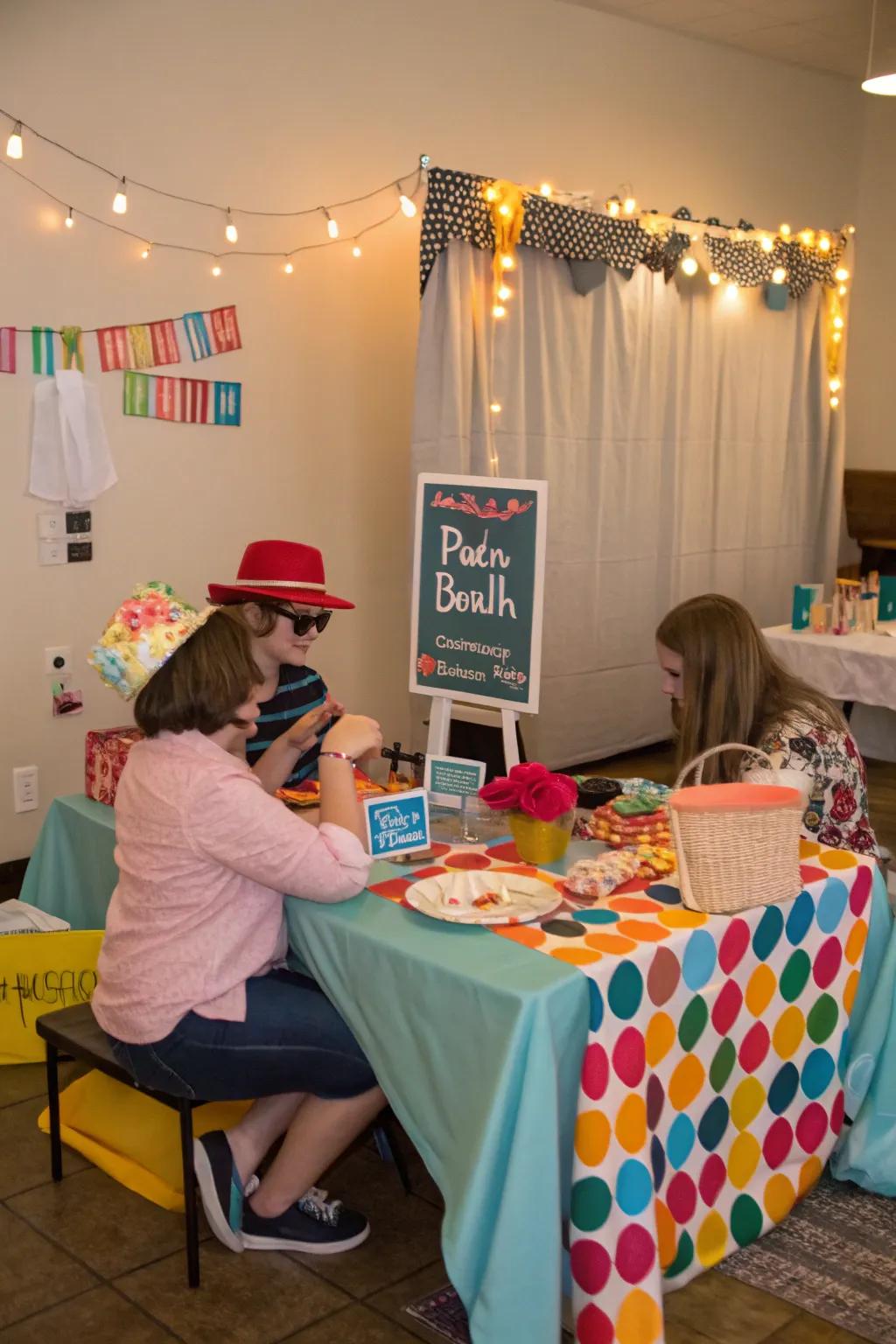 A DIY photo booth adds a quirky and memorable touch.