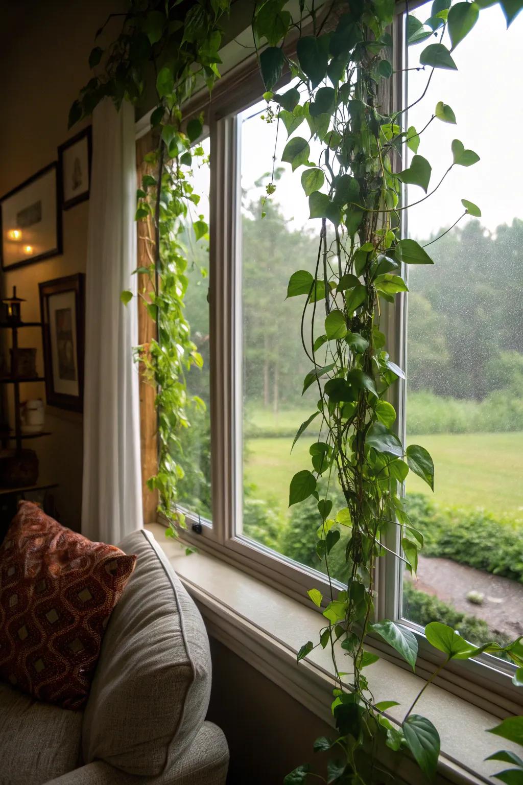 Merge indoor and outdoor views with enclosed emerald vines.